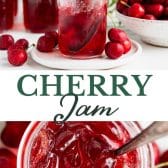 Long collage image of cherry jam recipe.