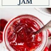 Cherry jam recipe with text title box at top.