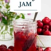 Cherry jam recipe with text title overlay.