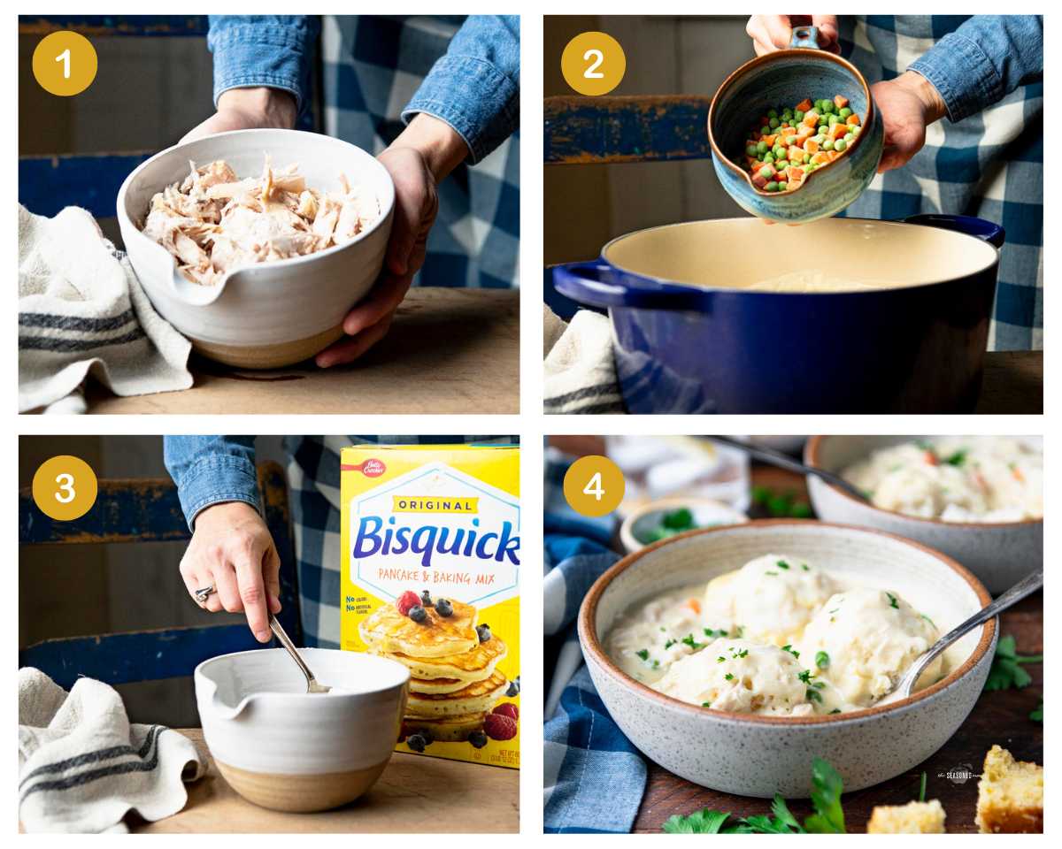 Process shots collage showing how to make Bisquick chicken and dumplings.