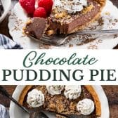 Long collage image of chocolate pudding pie.