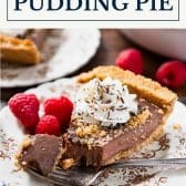 Chocolate pudding pie with text title box at top.