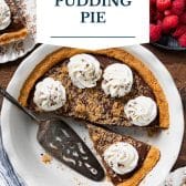 Chocolate pudding pie with text title overlay.