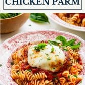 Healthy chicken parmesan with text title box at top.