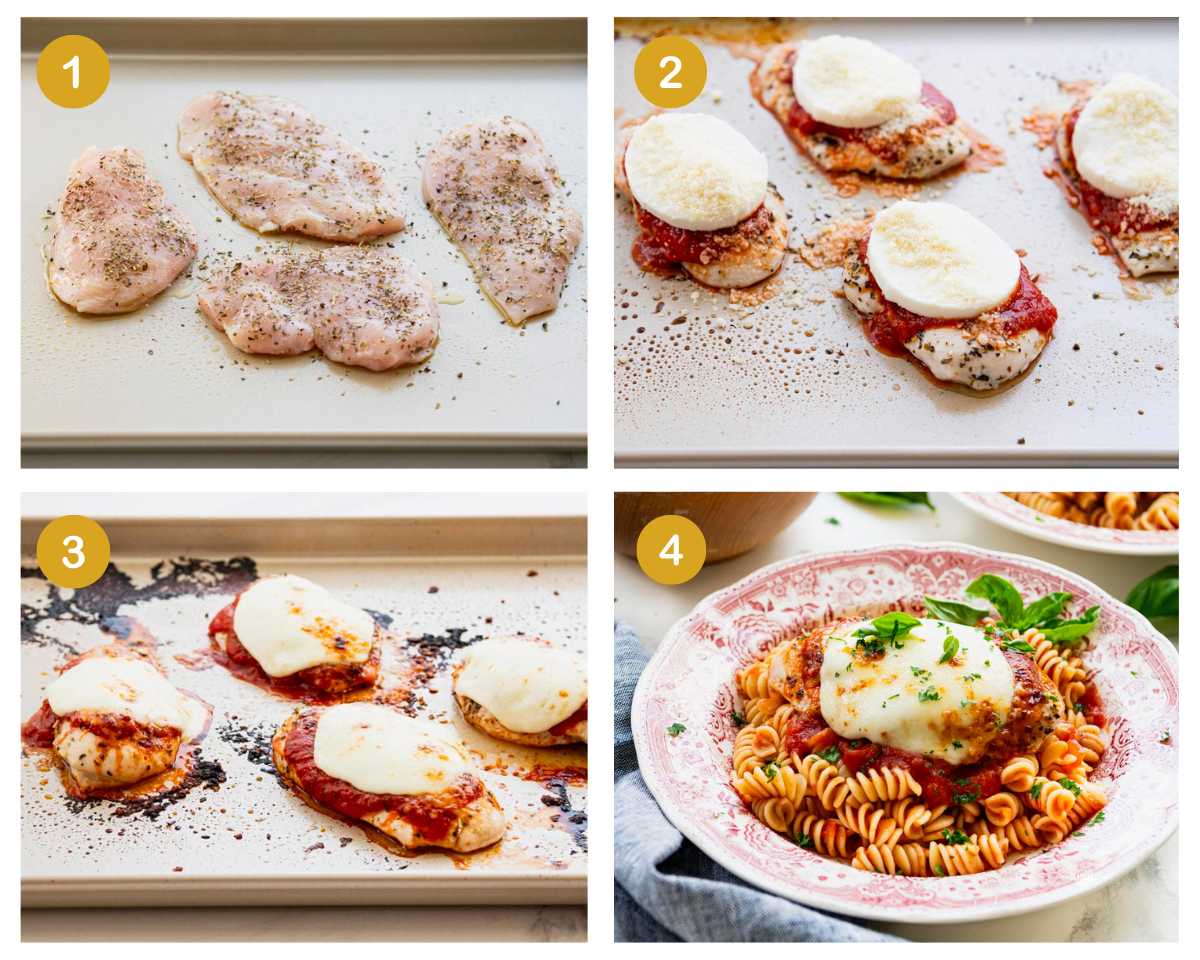 Horizontal collage of process shots showing how to make healthy chicken parmesan.