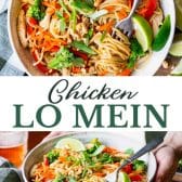 Long collage image of lo mein with chicken and broccoli.