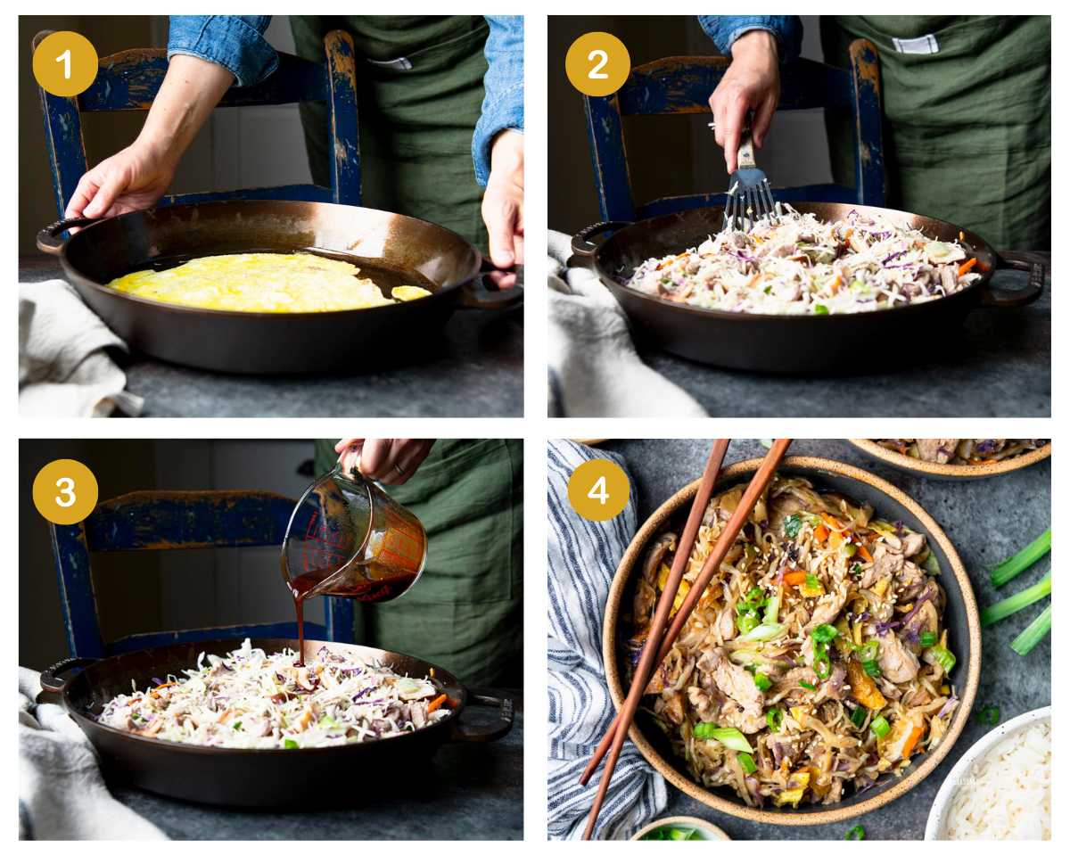 Horizontal collage of process shots showing how to make mu shu pork.