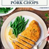 Baked breaded pork chops with text title box at top.