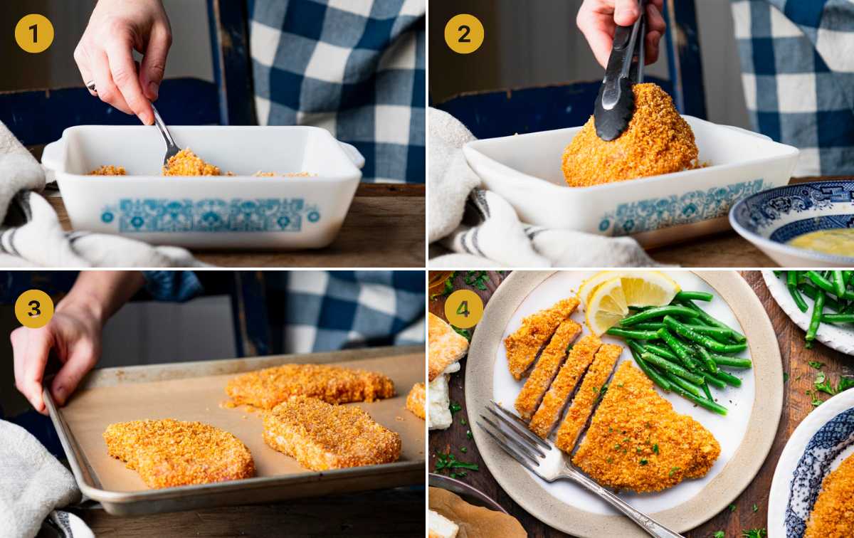 Horizontal collage image of process shots showing how to make baked breaded pork chops.