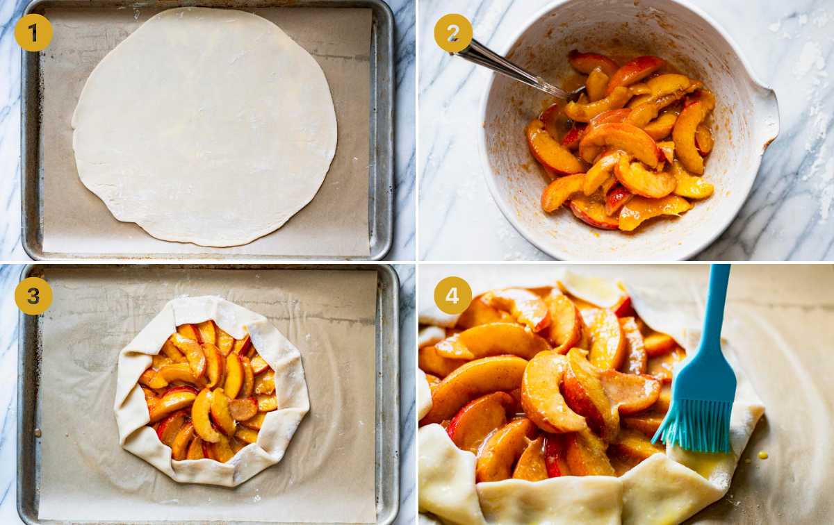 Horizontal collage of process shots showing how to make a peach galette.