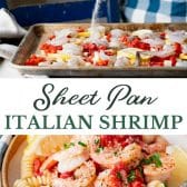 Long collage image of baked sheet pan Italian shrimp.