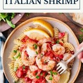 Baked sheet pan Italian shrimp with text title box at top.