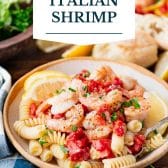 Baked sheet pan Italian shrimp with text title overlay.