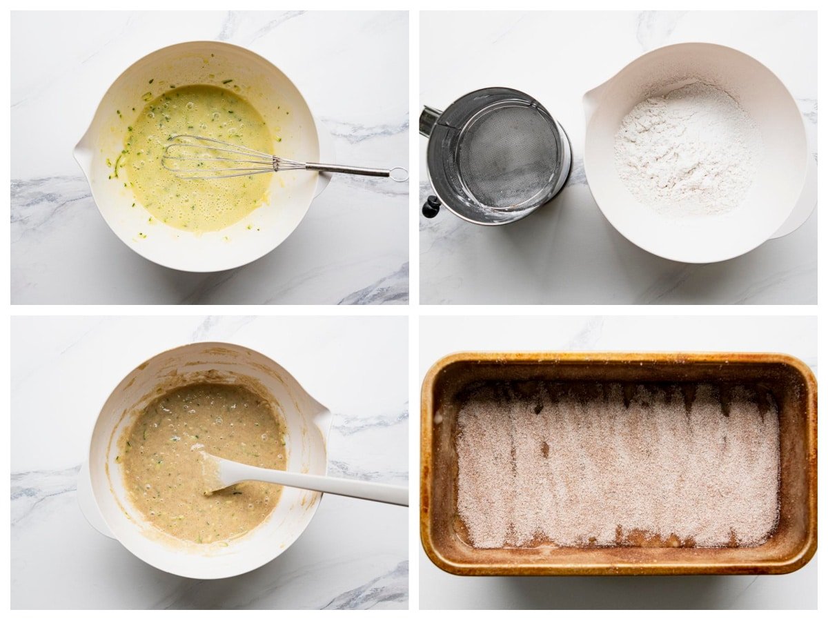 Horizontal collage of process shots showing how to make snickerdoodle zucchini bread.