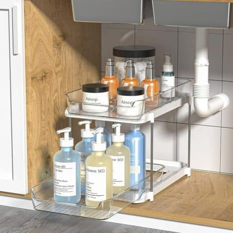 Square side shot of the best under sink organizers for kitchens and bathrooms.
