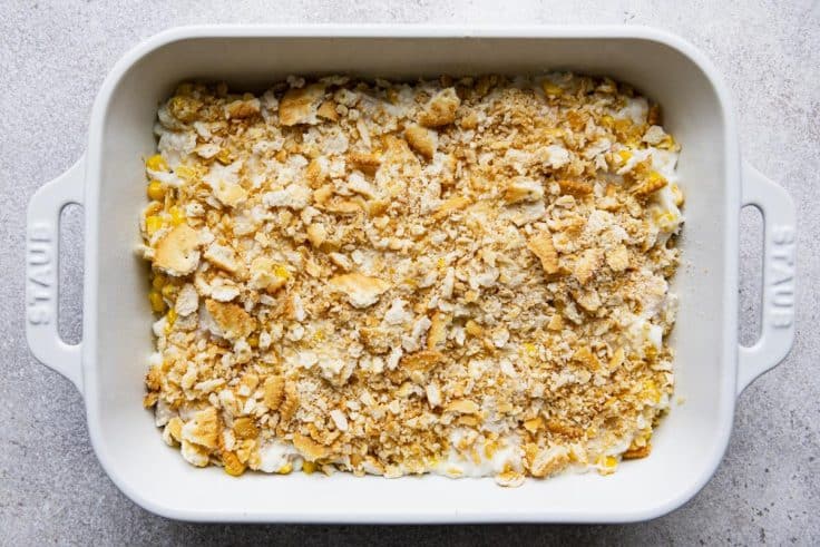 Ritz cracker crumbs on top of an easy chicken casserole.