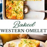 Long collage image of baked western omelet.