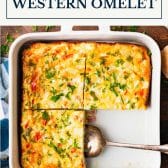 Baked western omelet with text title box at top.