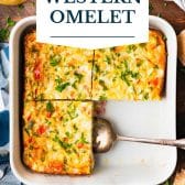 Baked western omelet with text title overlay.