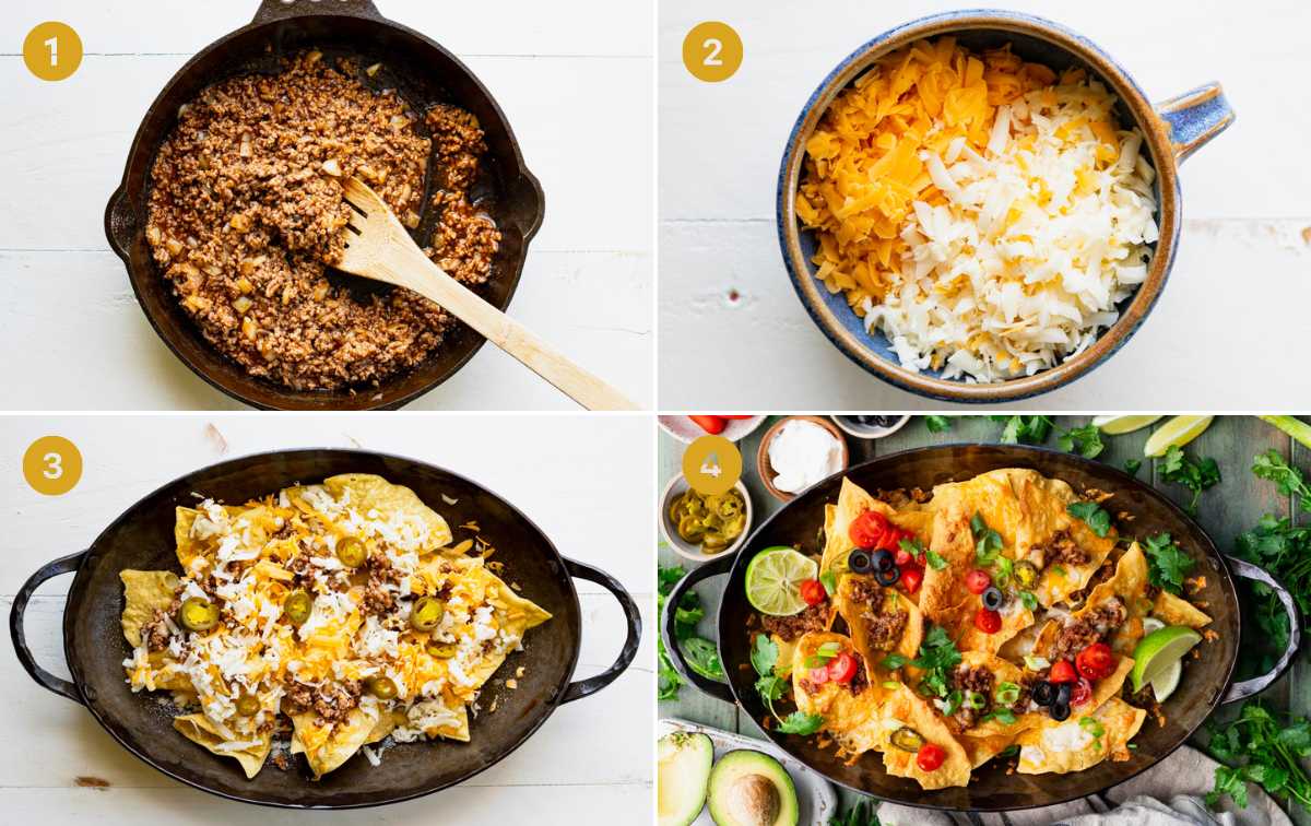Horizontal collage of process shots showing how to make ground beef nachos.