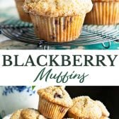 Long collage image of blackberry muffins.