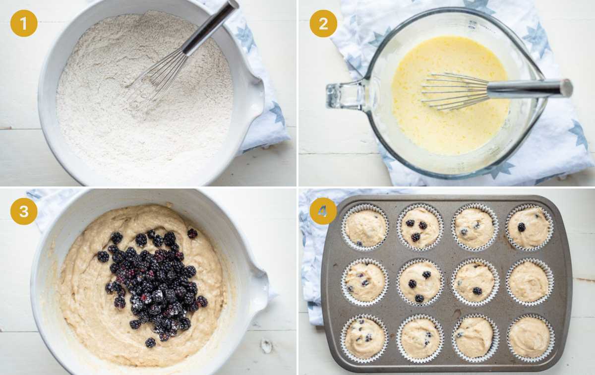 Horizontal collage of process shots showing how to make blackberry muffins.