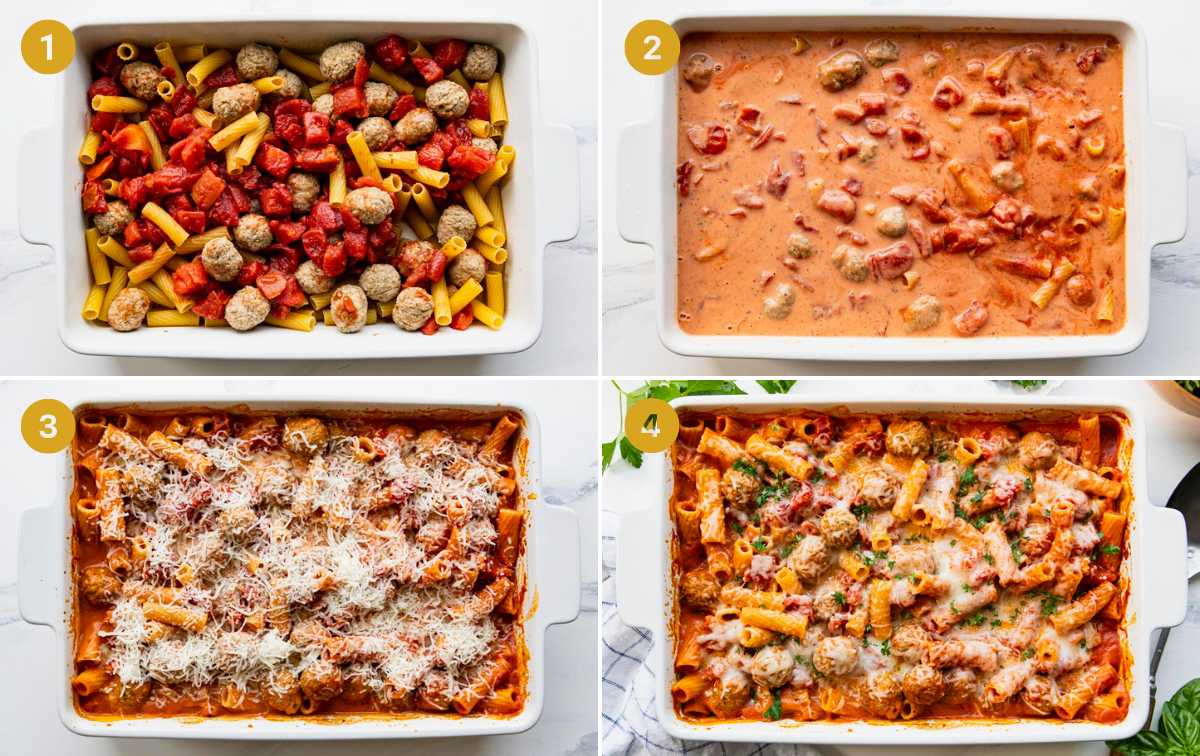 Horizontal collage of process shots showing how to make creamy tomato pasta with turkey meatballs.