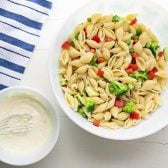 Ingredients for an easy pasta salad with mayo dressing.