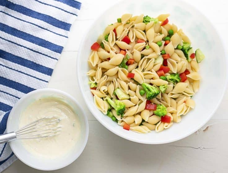 Ingredients for an easy pasta salad with mayo dressing.