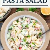 Easy pasta salad with mayo and text title box at top.