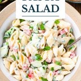 Easy pasta salad with mayo and text title overlay.