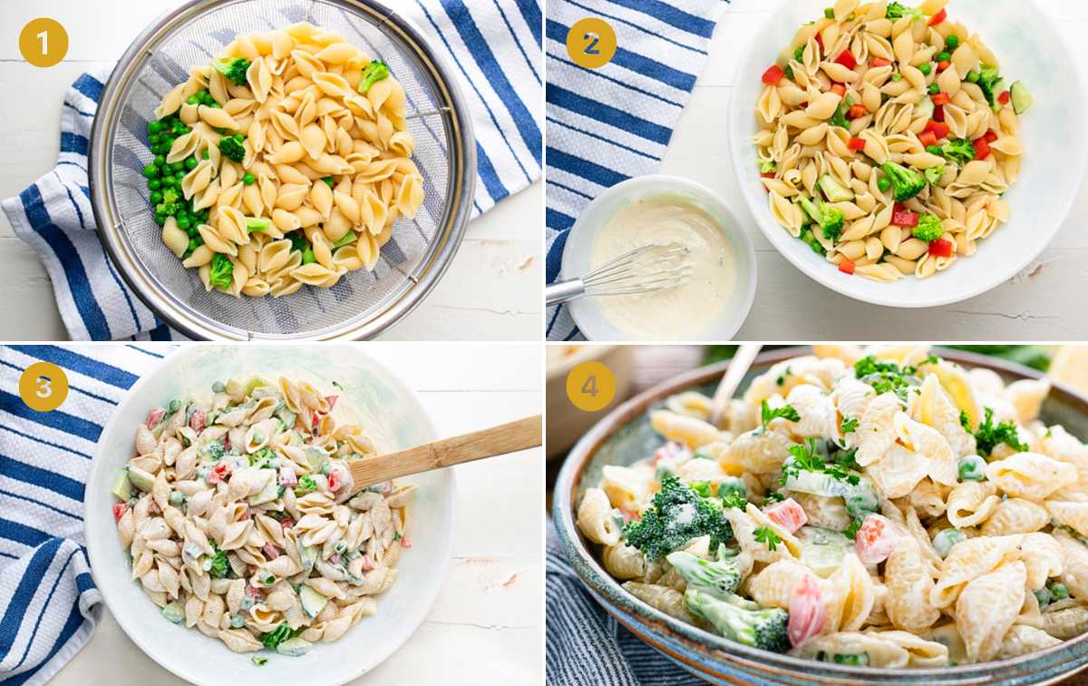 Horizontal collage image of process shots showing how to make an easy pasta salad with mayo.