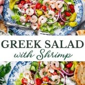 Long collage image of Greek shrimp salad.