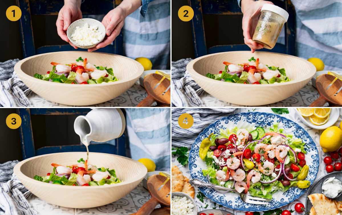 Horizontal collage of process shots showing how to make a greek shrimp salad.