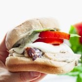 Square side shot of a hand holding a chicken caprese sandwich.