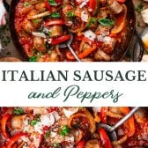 Long collage image of Italian sausage and peppers.