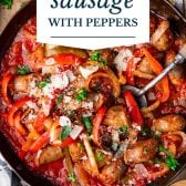 Italian sausage and peppers with text title overlay.
