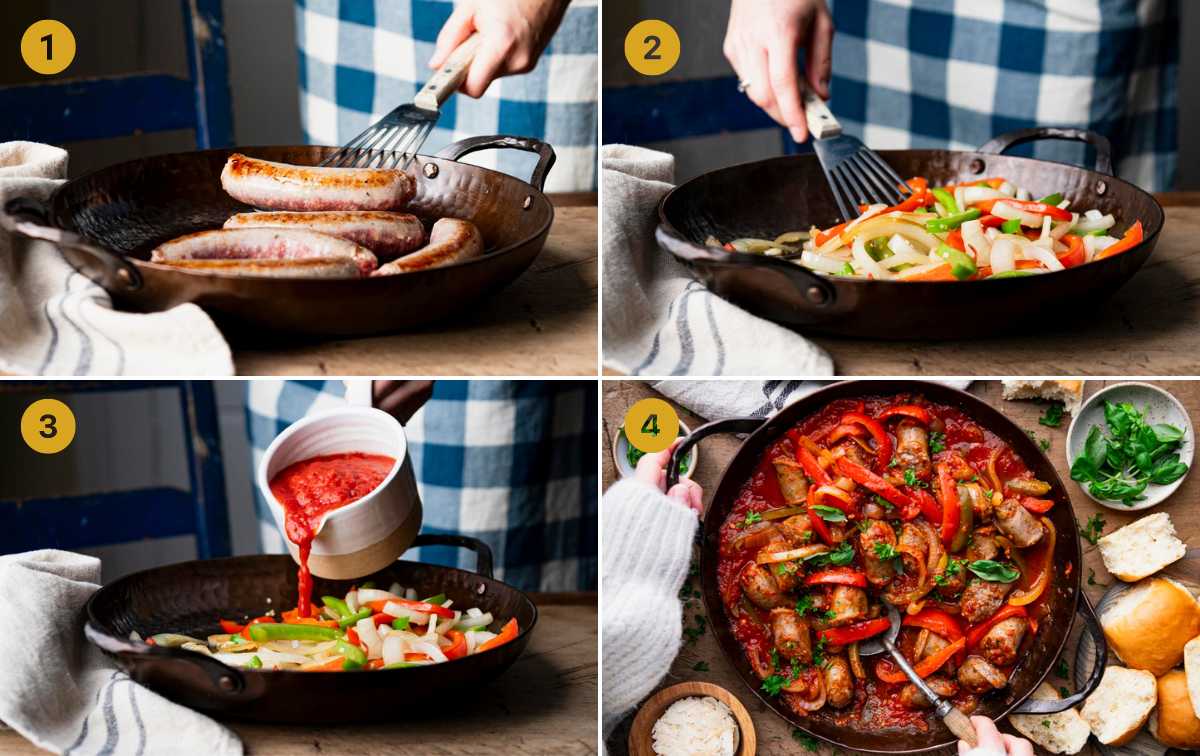 Horizontal collage of process shots showing how to make Italian sausage and peppers.