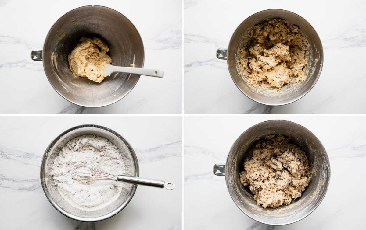 Horizontal collage image of process shots showing how to make the best kitchen sink cookie recipe.