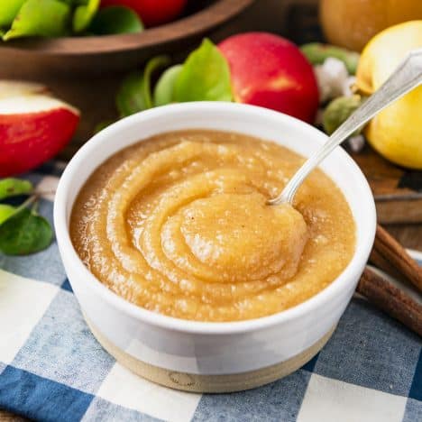 Square side shot of a spoon in a bowl of the best old-fashioned applesauce recipe.