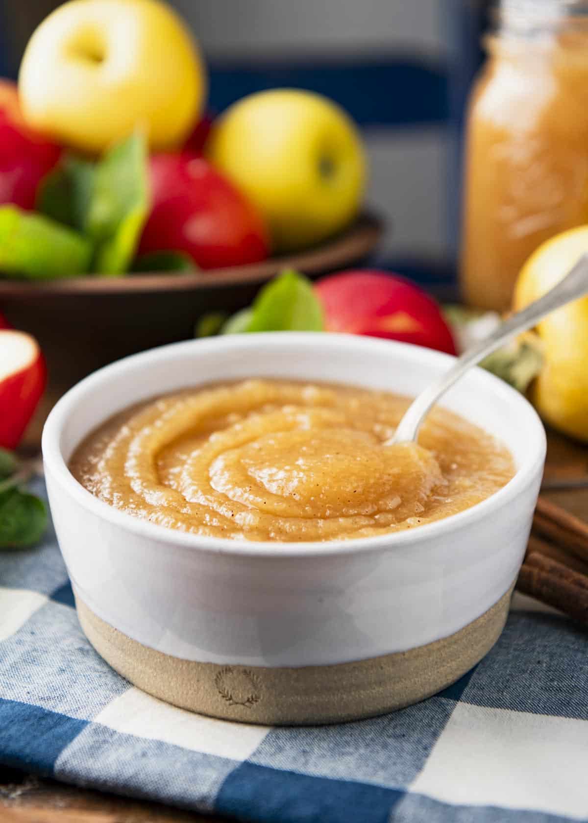 Side shot of a white bowl full of the best old-fashioned applesauce recipe.