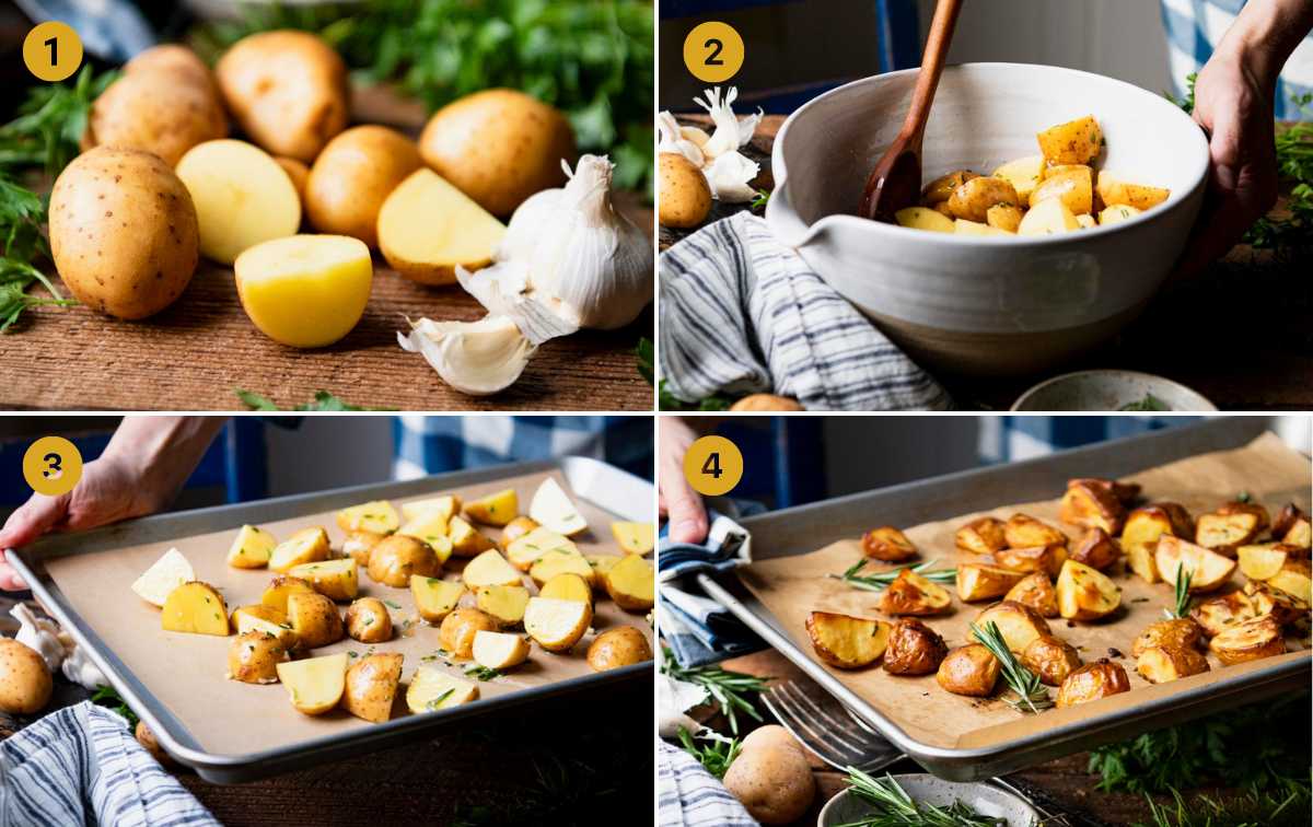 Horizontal collage of process shots showing how to make roasted gold potatoes with rosemary and olive oil.
